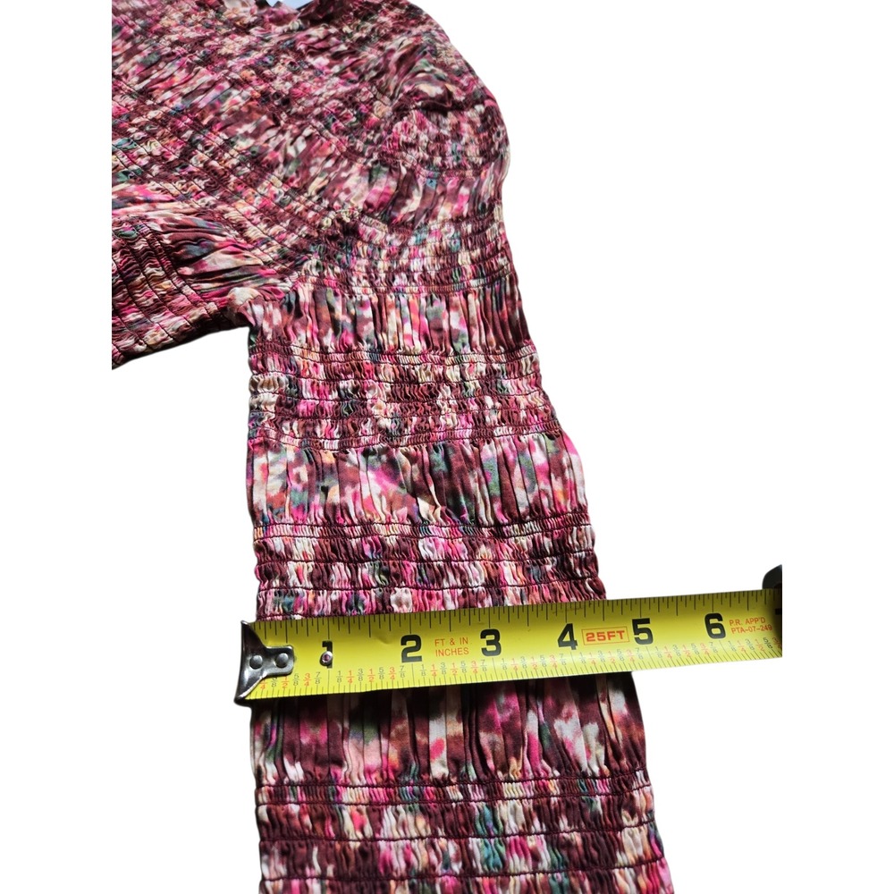 Merlette Smocked Peplum Top Burgundy Pink Abstract Floral Mock Neck Blouse - Picture 6 of 10